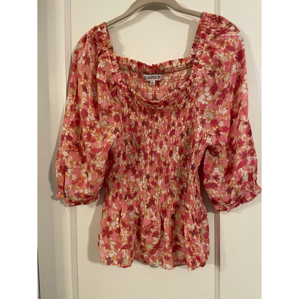 Nanette Lepore Pink Floral Smocked Square Neck Peplum Puff Sleeve Blouse M